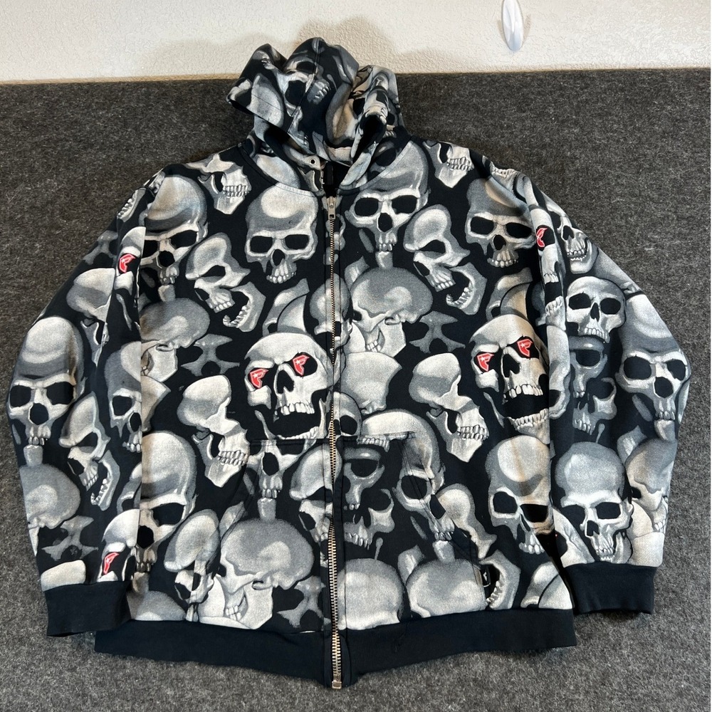 VTG Y2K Famous Stars And Straps Hoodie Mens XL Black Skull AOP Thermal Lined